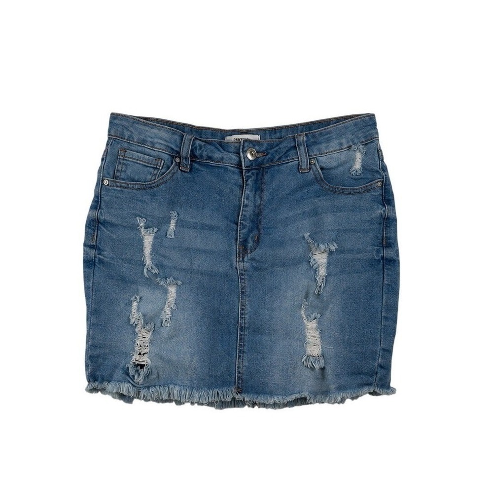 Forever 21 Denim Mini Skirt Womens Blue Excellent Distressed Raw Hem Casual L